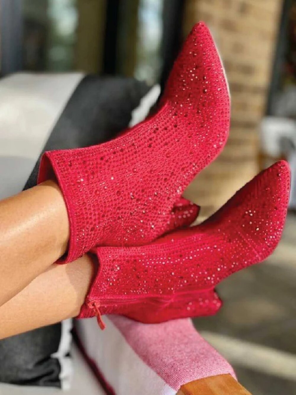 NEW🔥 Red Rhinestone Crystal Block High Heel Ankle Boots Booties Pointed Toe Zip - Picture 2 of 5